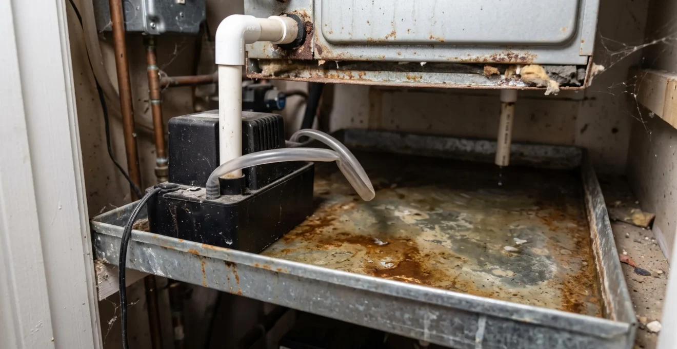 Stagnant water and mineral deposits in a condensate drain pan with a poorly positioned pump and kinked PVC drain line.