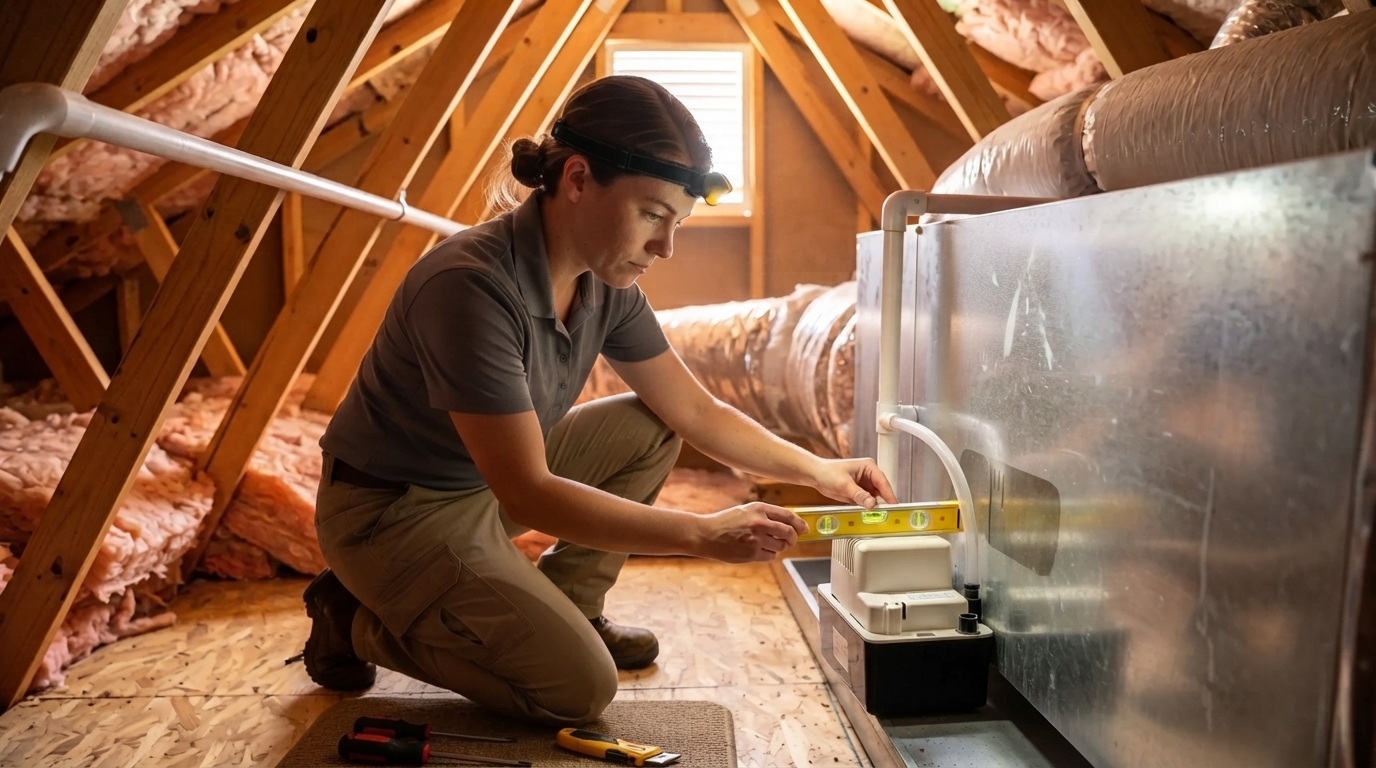 Female HVAC technician using a bubble level to check the slope of a condensate pump installed beside an air handler in a residential attic.