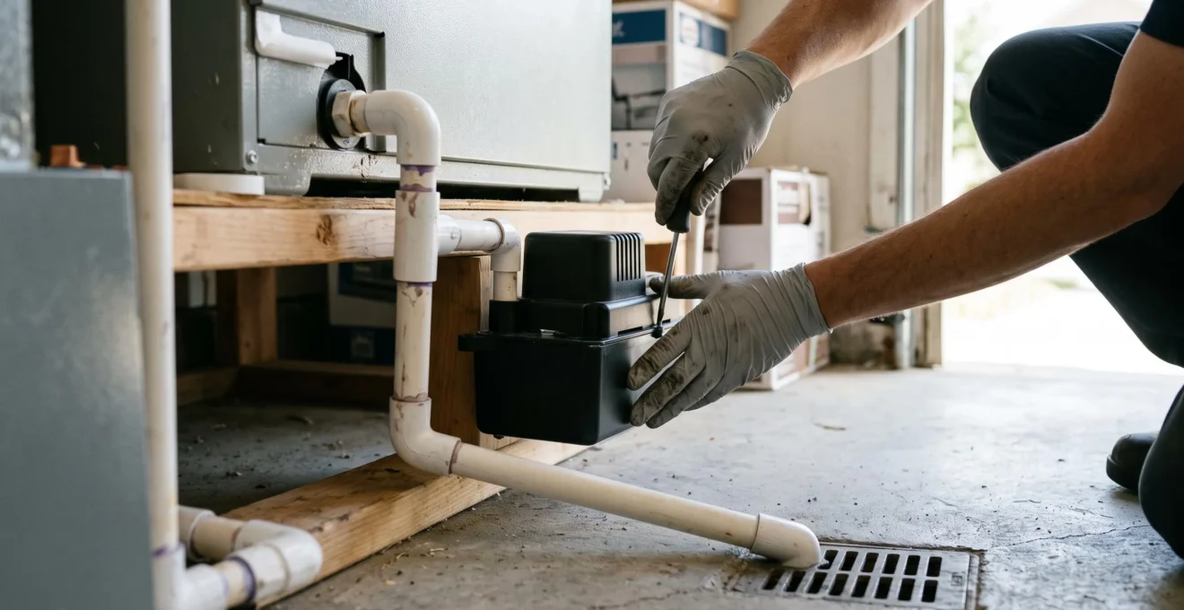 Technician's gloved hands securing a condensate pump at the correct height with a properly sloped PVC drain line in a residential garage.