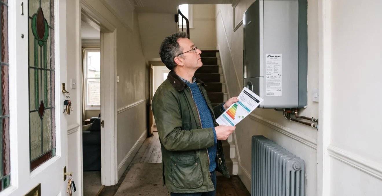 A homebuyer compares an energy performance certificate with the boiler and radiator in a house hallway during a viewing.