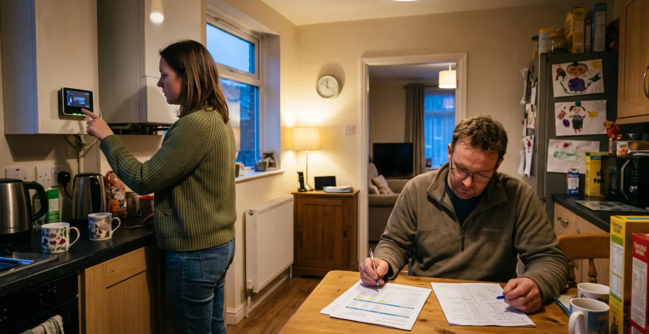 Two adults check a home energy display and compare fixed and variable energy tariff offers at a kitchen table.