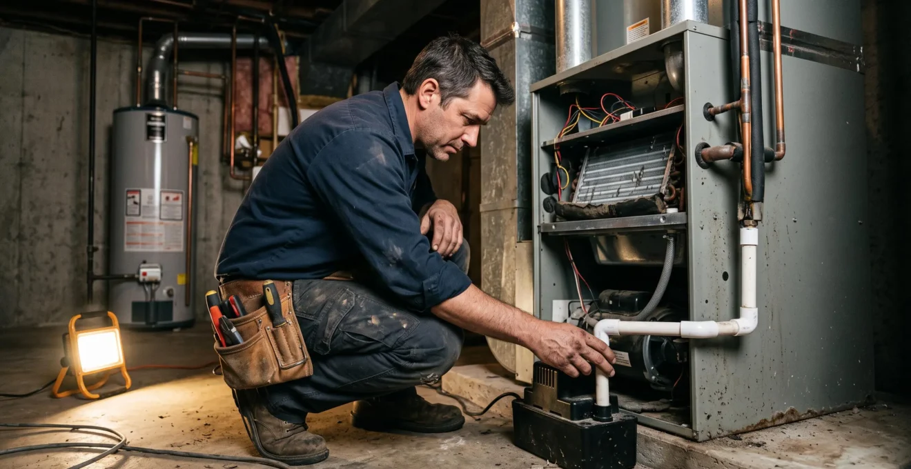 HVAC technician crouching beside a residential air handler inspecting the condensate pump and drain line in a basement utility room.