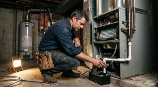 HVAC technician crouching beside a residential air handler inspecting the condensate pump and drain line in a basement utility room.