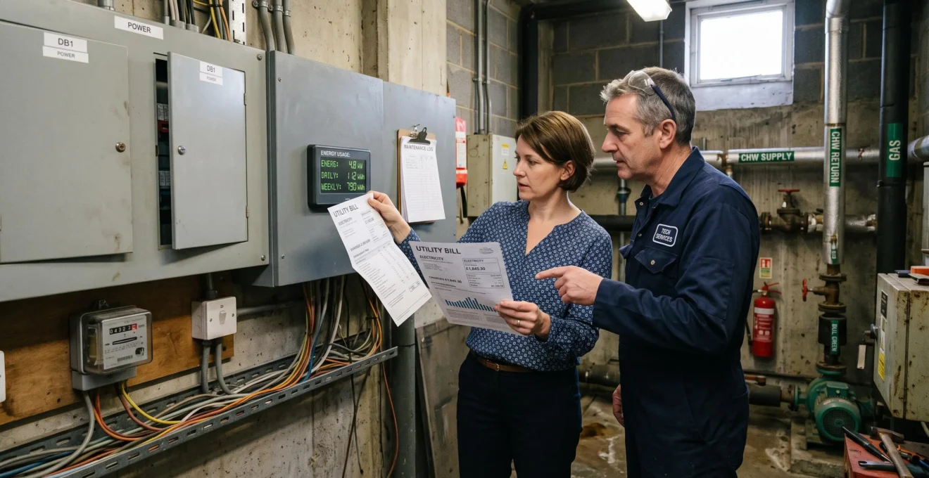 A small-business owner compares her paper utility bill with a wall-mounted energy monitor while a technician stands beside her in the building's plant room.