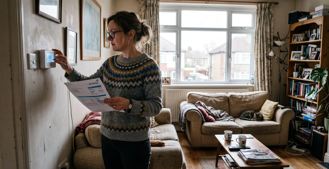A woman adjusts her home heating thermostat while holding an energy bill in a living room.